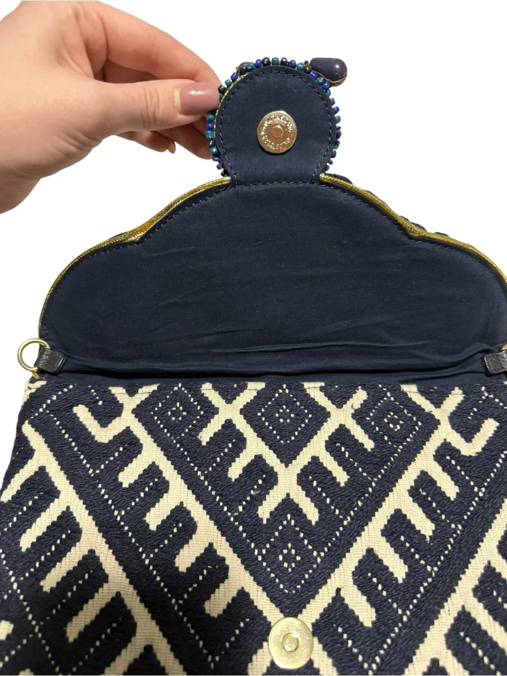 Steve Madden Embellished Woven Blue & Cream Boho Envelope Clutch 100% cotton